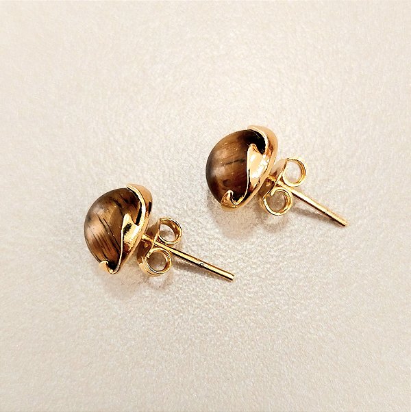 Brinco redondo Meia Coroa 8mm Pedras Naturais Esfera Banhado a Ouro