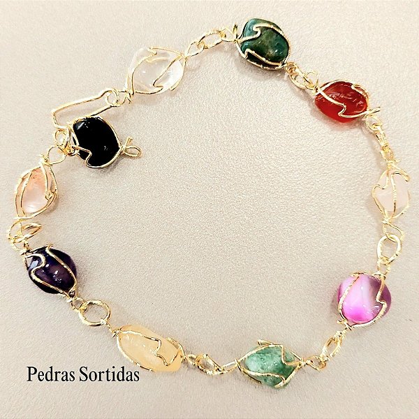 Pulseira Pedras Naturais Cores Sortidas 10 Pedras banhada a ouro