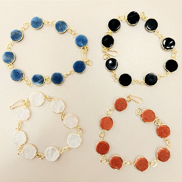 Pulseira Pedras Naturais Ranhurada Banhada a Ouro
