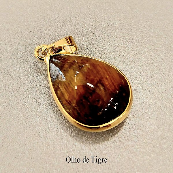 Pingente Gota Olho de Tigre 13x18mm. Pedras Naturais banhado a ouro