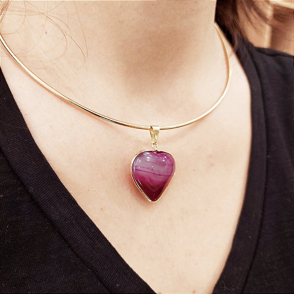 Pingente Coração Agata Rosa 26mm. Pedras Naturais Banhado a Ouro