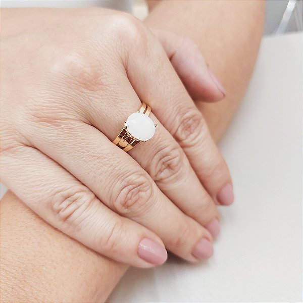 Anel de QUARTZO BRANCO 8x10mm. Pedras Naturais OVAL. Banhado