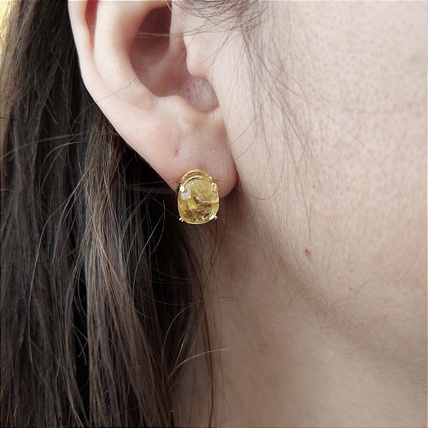 Brinco de CITRINO 8x10mm. Pedras Naturais Banhado a Ouro