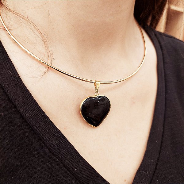 Pingente Coração Obsidiana Negra 26mm. Pedras Naturais Banhado a Ouro