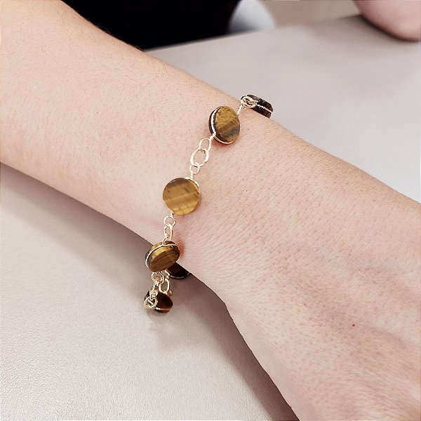 Pulseira Olho de Tigre Ranhurada. Pedras Naturais Banhada a Ouro