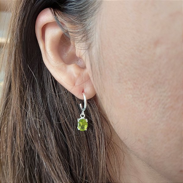 Brinco Prata 925 Peridoto Verde. Oval 5mm. Pendurado Argola Facetado Galeria. Pedras Naturais
