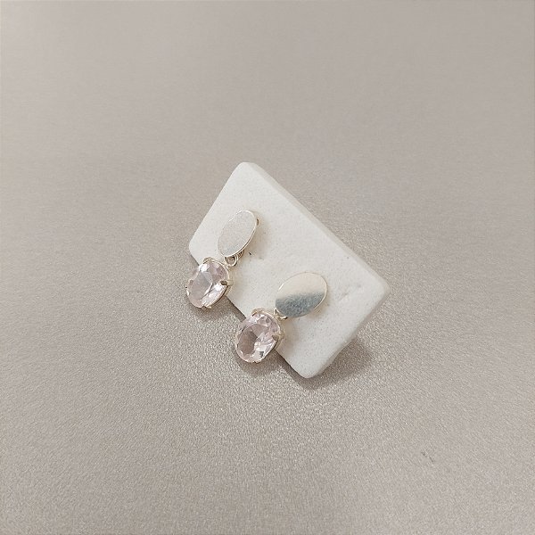 Brinco Prata 925 Quartzo Rosa. Chapa 5mm. Top Facetado Galeria. Pedras Naturais