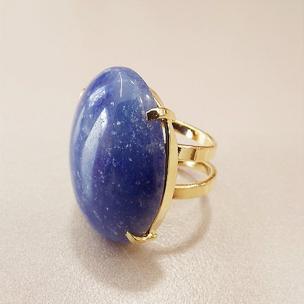 Anel Oval Quartzo Azul 20x30mm. Pedras Naturais. Banhado a Ouro