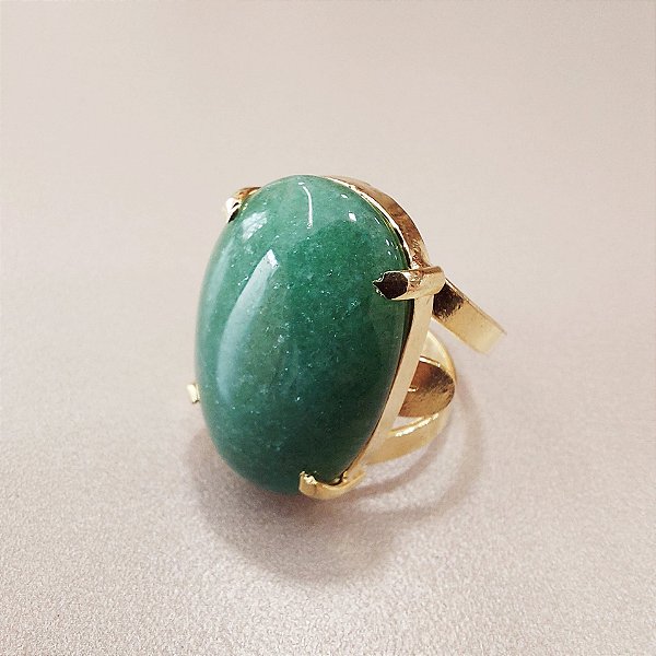 Anel Oval Quartzo Verde 20x30mm. Pedras Naturais. Banhado a Ouro