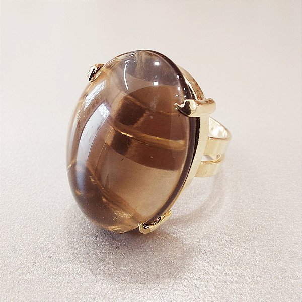 Anel Oval Quartzo Fume 20x30mm. Pedras Naturais. Banhado a Ouro