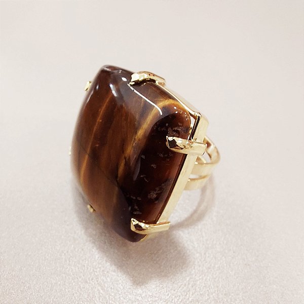 Anel Quadrado Olho de Tigre  25x25mm. Pedras Naturais. Banhado a Ouro