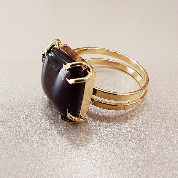 Anel Quadrado Obsidiana Negra 15x15mm. Pedras Naturais. Banhado a Ouro