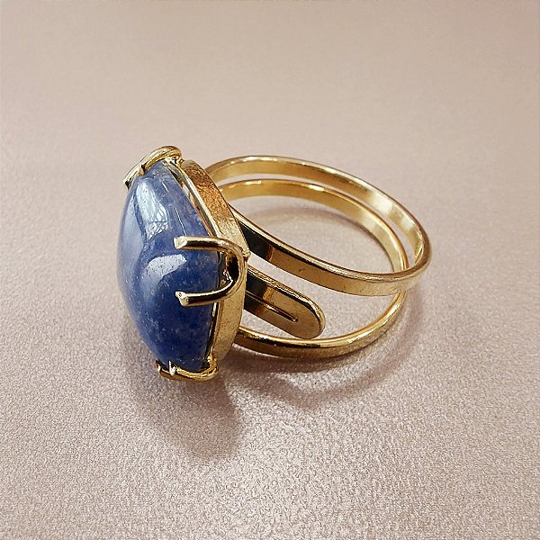 Anel Quadrado Quartzo Azul 15x15mm. Pedras Naturais. Banhado a Ouro