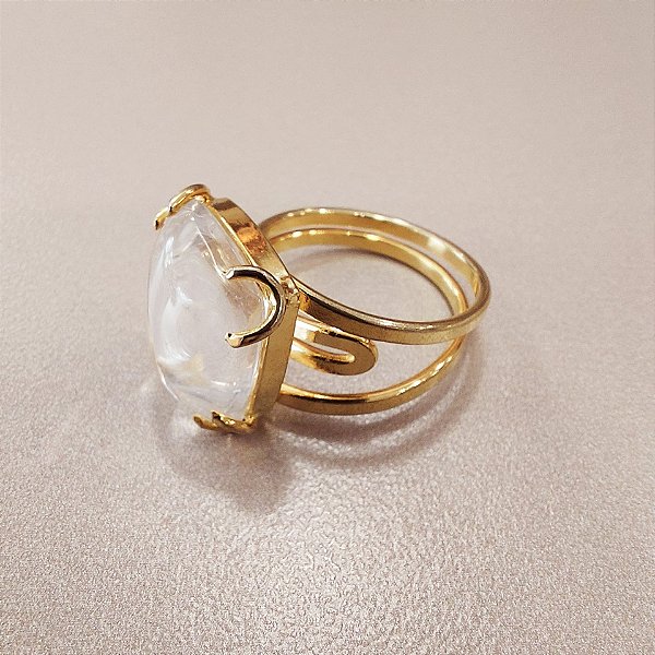 Anel Quadrado Cristal 15x15mm. Pedras Naturais. Banhado a Ouro