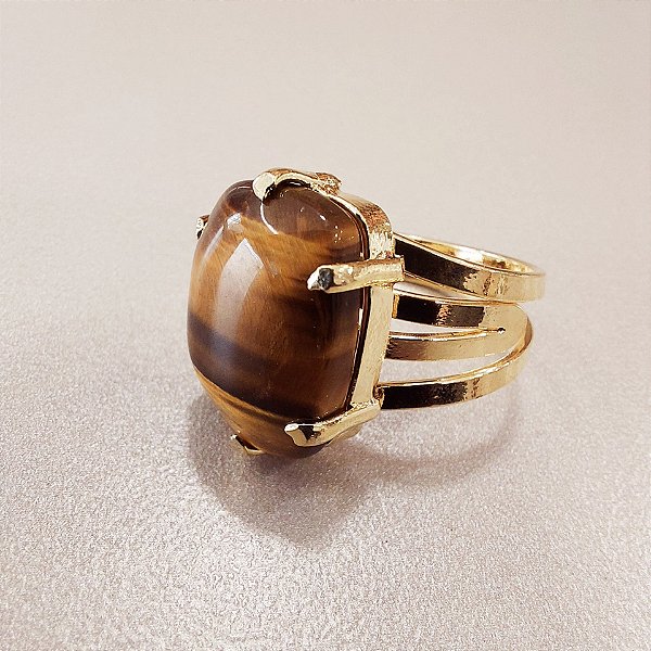 Anel Retangular Olho de Tigre 13x18mm. Pedras Naturais. Banhado a Ouro