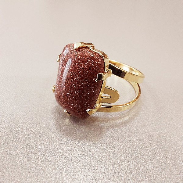 Anel Retangular Pedra do Sol 13x18mm. Pedras Naturais. Banhado a Ouro