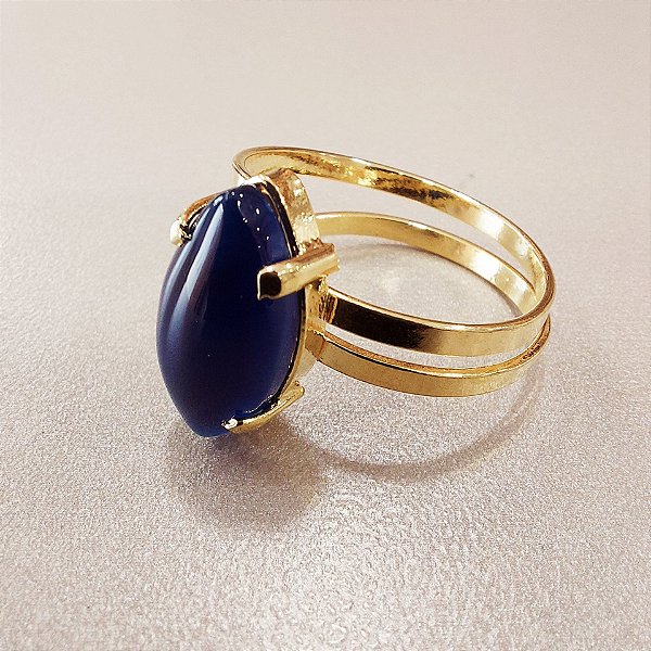 Anel Navete Agata Azul 18mm. Pedras Naturais. Banhado a Ouro