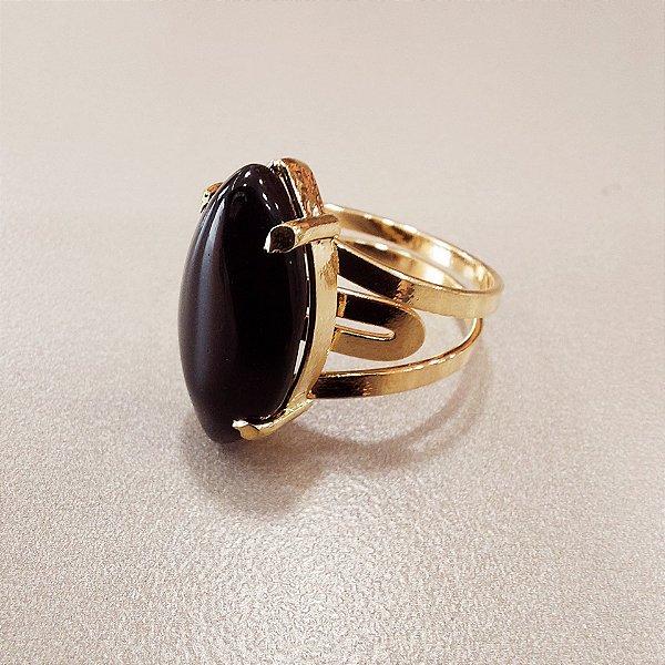Anel Navete Obsidiana Negra 18mm. Pedras Naturais. Banhado a Ouro