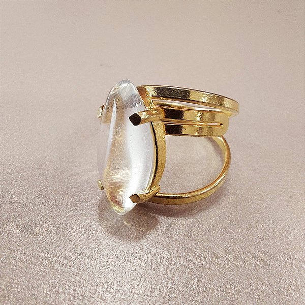 Anel Navete Cristal 18mm. Pedras Naturais. Banhado a Ouro