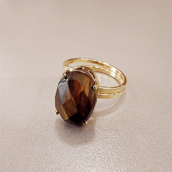 Anel Oval Olho de Tigre 10x14mm. Pedras Naturais. Banhado a Ouro
