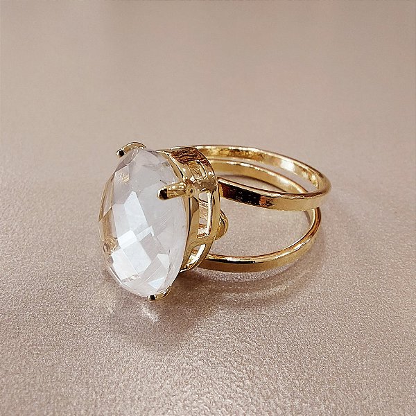 Anel Oval Cristal 10x14mm. Pedras Naturais. Banhado a Ouro