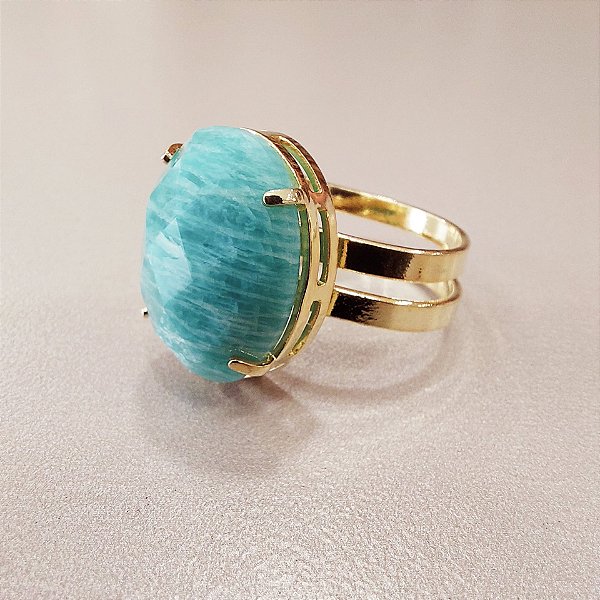 Anel Oval amazonita 15X20mm. Pedras Naturais. Banhado a Ouro