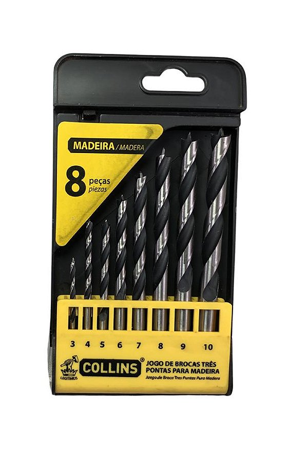 Jogo De Brocas 3 Pontas Para Madeira  8 Peças 3a10mm Collins