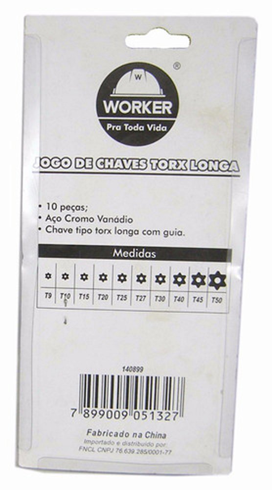 Jogo Kit Chave Torx Longa T9 A T50 Com 10 Peças Worker