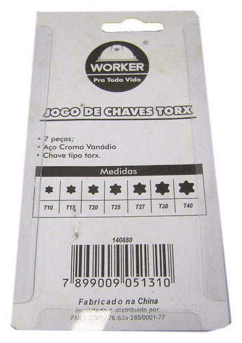 Jogo Kit Chave Torx Curta T10 A T40 Com 7 Peças Worker