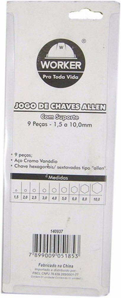 Jogo Kit Chave Allen Longa 1,5 A 10 Com 9 Peças Worker