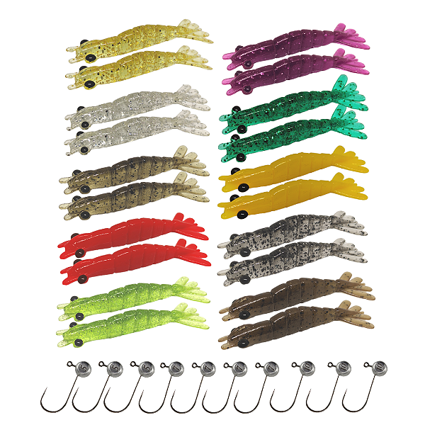 Kit Camarão Artificial 8cm (20) + Jig head 3/0 (10).