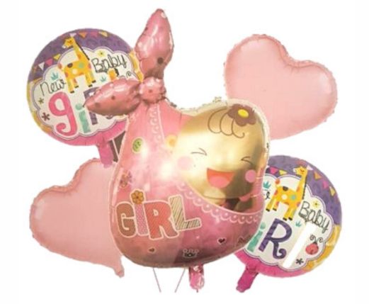 Buque De 5 Baloes Metalizados Recem Nascido Rosa Partiufesta