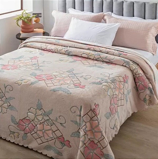 Colcha Casal Aveludada Com Relevo Jolitex- Piacere Bege