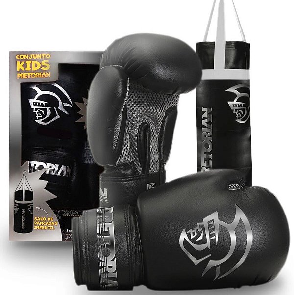 Kit Luva Saco Pancada Preto Boxe Thai Infantil - Pretorian