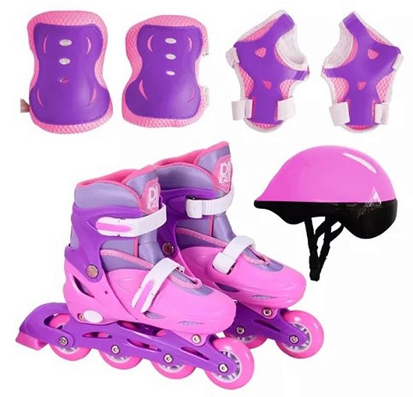 Patins Inline Ajustavel 34 - 37  Radical Rosa C/ Acessórios - DM TOYS