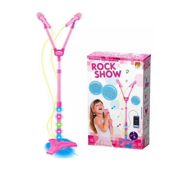 Microfone Duplo Com Pedestal Infantil Rosa Mp3 Com Luz