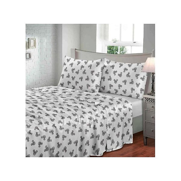 Jogo de Cama Com 4 Peças Toque de Seda QUEEN Mickey Mouse