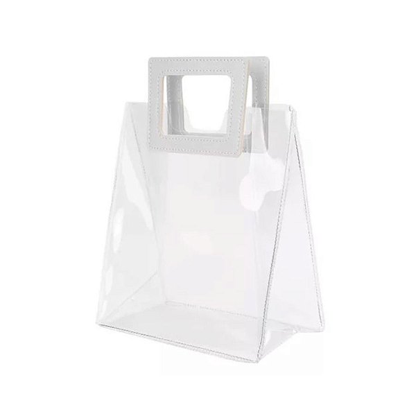 Kit3 Sacolas Transparente Presente Pvc Alça Quadrada Branca