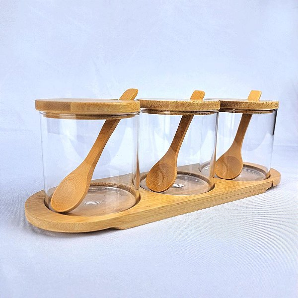 Porta Tempero Jogo 3 Potes com Tampa e Base Organizador