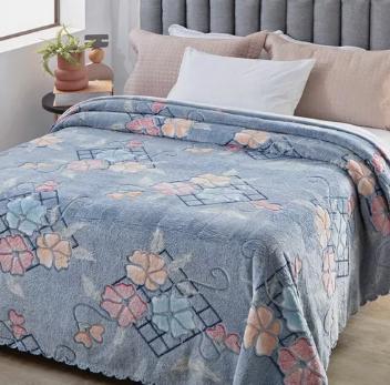 Colcha Casal Aveludada Aconchego Solitudine Azul 2,40X2,60m Jolitex