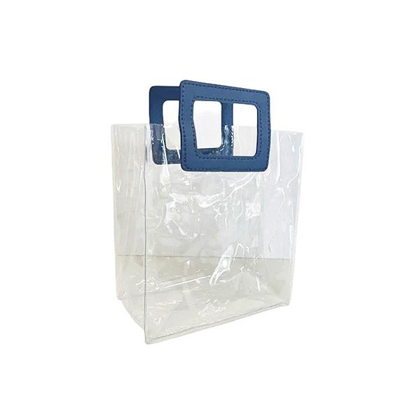 Kit 3 Sacolas Transparente Presente Pvc Alça Quadrada Azul