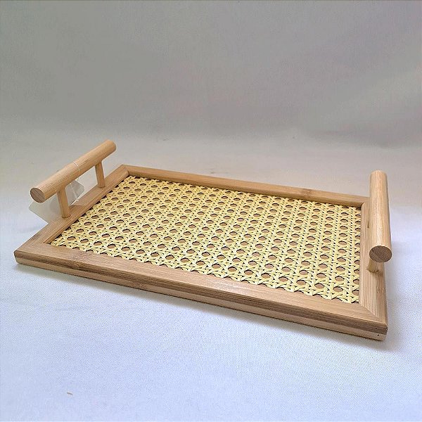 Bandeja Bambu C/Alça Multiuso Treliça 35x24 cm Decorativa