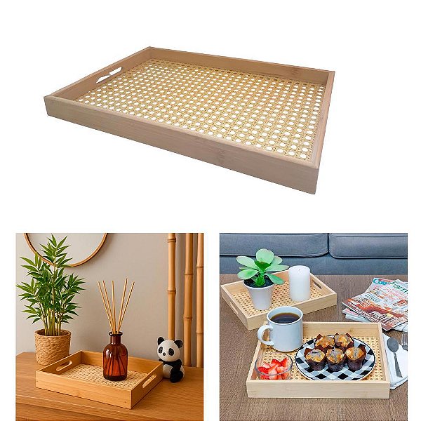 Bandeja Bambu palhinha Multiuso Treliça 40x28 cm Decorativa