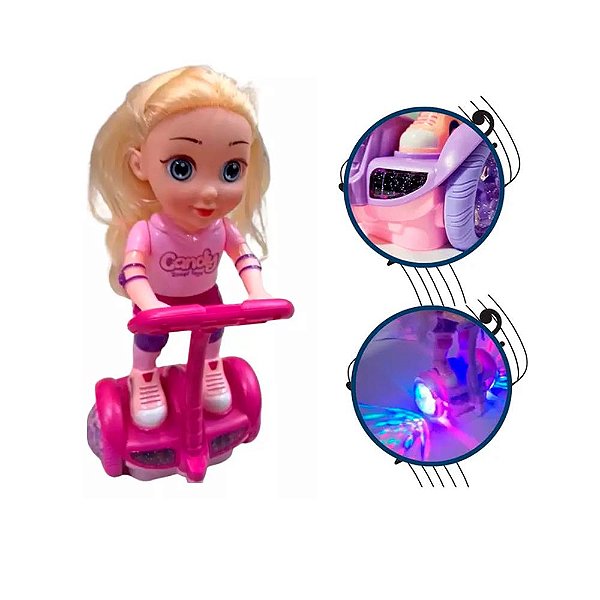 Boneca Candy Patinadora Hoverboard Luzes, Música, Gira 360°