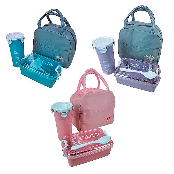 Bolsa Térmica Juvenil Lancheira com Marmita e garrafa Kit