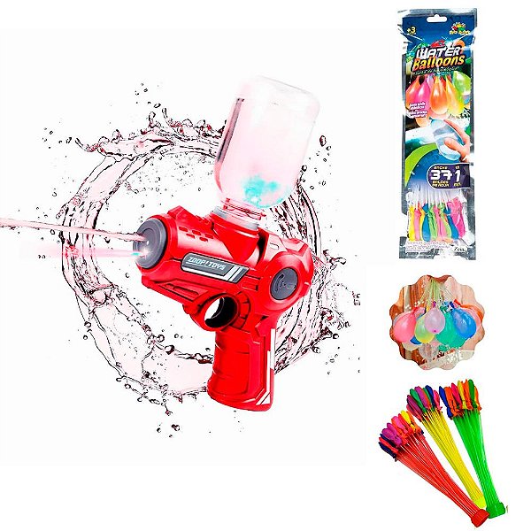 Pistola de Água Elétrica Recarregável USB Potente + Brinde 37 Balões Vermelho