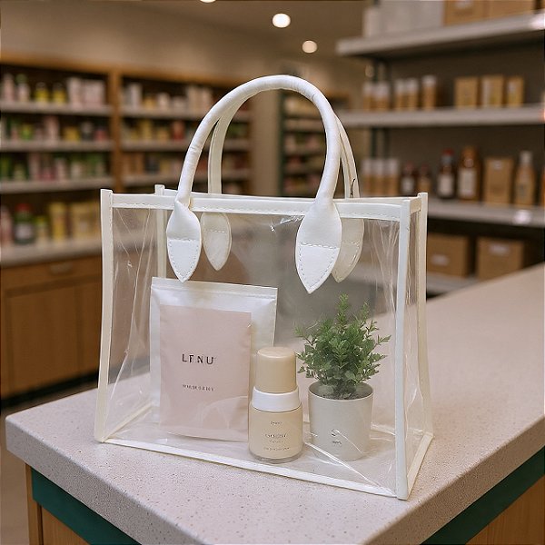 Kit 3 Sacolas Transparentes Presentes Com Alças Couro Branco