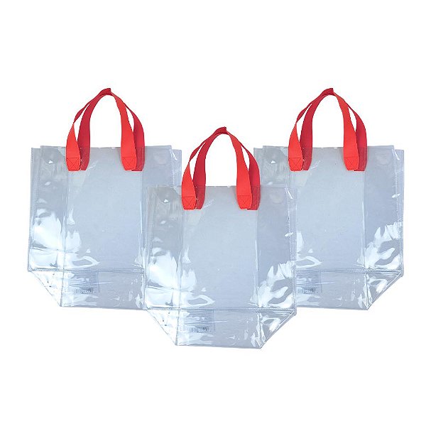 Kit 3 Sacolas Transparentes Presentes Alças Couro Vermelho