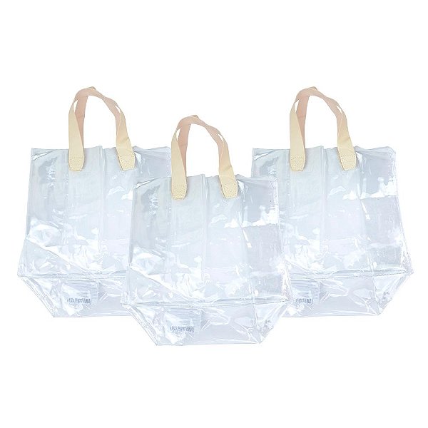 Kit 3 Sacolas Transparentes Presentes Alças Couro Creme