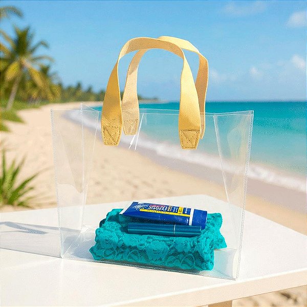 Sacola Transparente de Presente Alças em Couro Bege